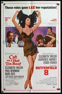 6j143 CAT ON A HOT TIN ROOF/BUTTERFIELD 8 1sh '66 art of super sexy Elizabeth Taylor in nightie!
