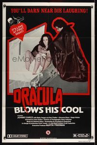 6j215 DRACULA BLOWS HIS COOL 1sh '82 vampire fashion photographer, wacky image of girl in coffin!