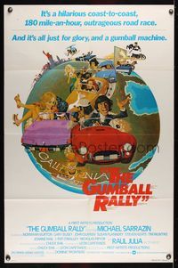 6j321 GUMBALL RALLY style A 1sh '76 Michael Sarrazin, wacky art of car racing around the world!