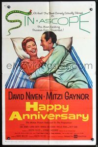 6j334 HAPPY ANNIVERSARY 1sh '59 great romantic art of David Niven & Mitzi Gaynor in bed!