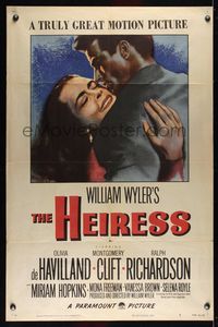 6j344 HEIRESS style A 1sh '49 William Wyler, romantic c/u art of Olivia de Havilland & Clift!
