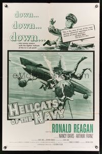 6j348 HELLCATS OF THE NAVY 1sh '57 cool art of Ronald Reagan in the only movie he made with Nancy!