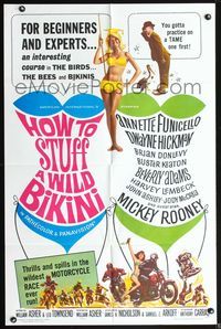 6j376 HOW TO STUFF A WILD BIKINI 1sh '65 Annette Funicello, Buster Keaton, motorcycle & bikini art!