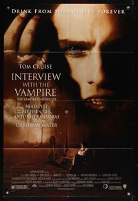 6j404 INTERVIEW WITH THE VAMPIRE 1sh '94 close up of fanged Tom Cruise, Brad Pitt, Anne Rice