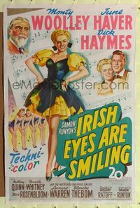 6j405 IRISH EYES ARE SMILING 1sh '44 Damon Runyon, Dick Haymes, pretty June Haver, Monty Woolley!