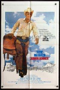 6j425 JUNIOR BONNER 1sh '72 full-length rodeo cowboy Steve McQueen carrying saddle!