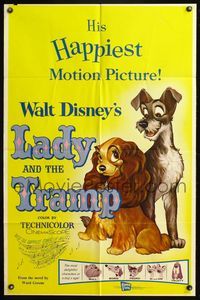 6j443 LADY & THE TRAMP 1sh R62 Walt Disney romantic canine classic cartoon, great artwork!