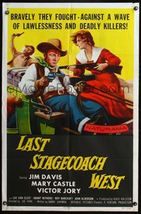 6j450 LAST STAGECOACH WEST 1sh '57 art of Jim Davis & Mary Castle w/guns on runaway stagecoach!