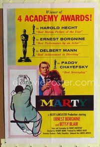 6j525 MARTY AA style 1sh '55 directed by Delbert Mann, Ernest Borgnine, written by Paddy Chayefsky!