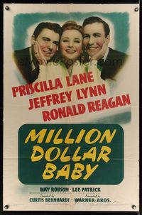 6j544 MILLION DOLLAR BABY 1sh '41 Priscilla Lane caught between Jeffrey Lynn & Ronald Reagan!