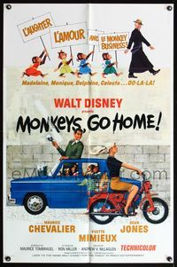 6j551 MONKEYS GO HOME 1sh '67 Disney, art of Maurice Chevalier, Yvette Mimieux & apes!