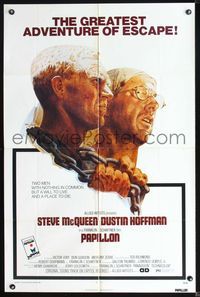 6j636 PAPILLON 1sh '73 great art of prisoners Steve McQueen & Dustin Hoffman by Tom Jung!