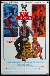 6j729 SAM WHISKEY 1sh '69 art of Burt Reynolds & sexy Angie Dickinson by huge pile of gold!