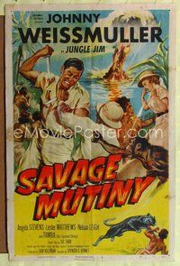 6j735 SAVAGE MUTINY 1sh '53 art of Johnny Weissmuller as Jungle Jim w/pretty Angela Stevens!