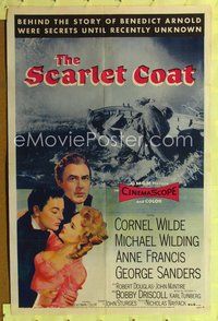 6j740 SCARLET COAT 1sh '55 romantic art of Cornel Wilde & Anne Francis, John Sturges directed!