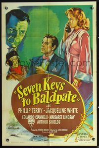 6j751 SEVEN KEYS TO BALDPATE style A 1sh '47 art of sexy Jacqueline White & Phillip Terry!