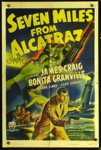 6j753 SEVEN MILES FROM ALCATRAZ 1sh '42 Edward Dmytryk directed, dramatic action art!