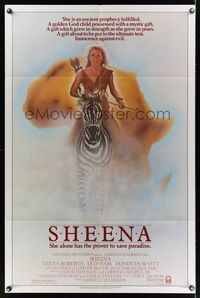 6j758 SHEENA 1sh '84 artwork of sexy Tanya Roberts with bow & arrows riding zebra in Africa!
