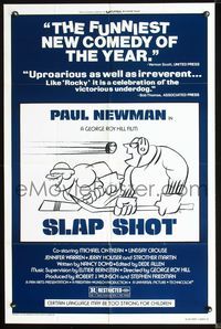 6j771 SLAP SHOT style B 1sh '77 Paul Newman, great wacky art of hockey players!