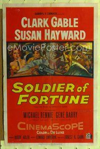 6j782 SOLDIER OF FORTUNE 1sh '55 art of Clark Gable shooting gun, plus sexy Susan Hayward!