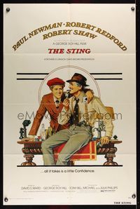 6j814 STING 1sh '74 best artwork of con men Paul Newman & Robert Redford by Richard Amsel!