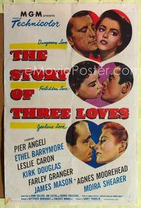 6j827 STORY OF THREE LOVES 1sh '53 Kirk Douglas, Pier Angeli, Leslie Caron, Granger, Mason