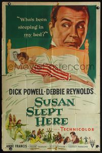 6j846 SUSAN SLEPT HERE style A 1sh '54 great art of sexy Debbie Reynolds sprawled out on bed!