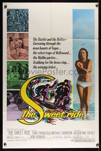 6j852 SWEET RIDE 1sh '68 1st Jacqueline Bisset standing topless in bikini, cool surfing art!