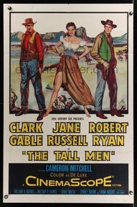 6j868 TALL MEN 1sh '55 full-length art of Clark Gable, sexy Jane Russell showing leg & Robert Ryan!