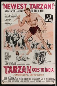 6j875 TARZAN GOES TO INDIA 1sh '62 great art of Jock Mahoney as the King of the Jungle!