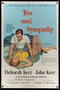 6j877 TEA & SYMPATHY 1sh '56 great artwork of Deborah Kerr & John Kerr by Gale, classic tagline!
