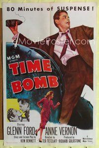 6j903 TIME BOMB 1sh '53 Terror on a Train, art of Glenn Ford & Anne Vernon in explosive action!
