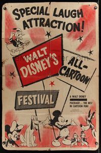 6j960 WALT DISNEY'S ALL-CARTOON FESTIVAL 1sh '53 Disney cartoon characters, Mickey & Minnie Mouse!
