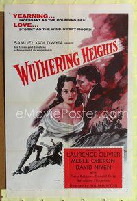 6j991 WUTHERING HEIGHTS 1sh R55 Laurence Olivier is torn with desire for Merle Oberon!