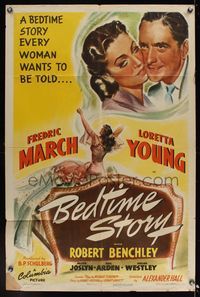 6k059 BEDTIME STORY 1sh '41 great artwork of Fredric March & sexy Loretta Young!