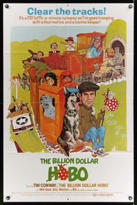 6k072 BILLION DOLLAR HOBO 1sh '78 Tim Conway, Bo the dog, wacky train artwork by R.A.!