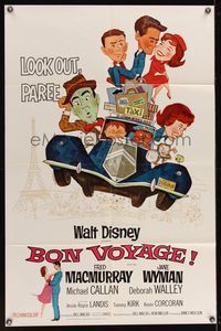 6k096 BON VOYAGE 1sh '62 Walt Disney, Fred MacMurray, Jane Wyman, great wacky art!