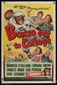 6k098 BONZO GOES TO COLLEGE 1sh '52 wacky artwork of chimp playing football, all new monkeyshines!