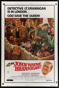 6k116 BRANNIGAN 1sh '75 Douglas Hickox, great art of fighting John Wayne in England by McGinnis!