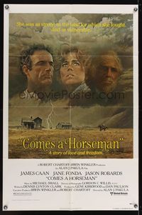 6k172 COMES A HORSEMAN 1sh '78 cool art of James Caan, Jane Fonda & Jason Robards in the sky!