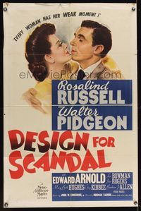 6k206 DESIGN FOR SCANDAL 1sh '41 artwork of Walter Pidgeon kissing Rosalind Russell!