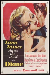 6k225 DIANE 1sh '56 sexy Lana Turner dares the devil, great close up romantic artwork!