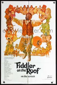 6k285 FIDDLER ON THE ROOF 1sh '72 cool artwork of Topol & cast by Ted CoConis!
