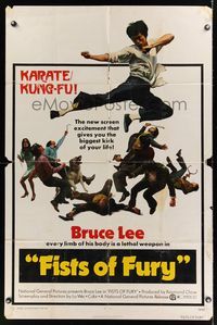 6k292 FISTS OF FURY 1sh '73 Bruce Lee gives you the biggest kick of your life, great kung fu image!