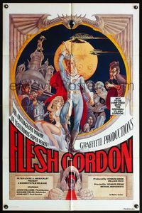 6k299 FLESH GORDON 1sh '74 sexy sci-fi spoof, wacky erotic super hero art by George Barr!