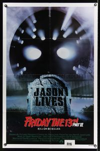 6k311 FRIDAY THE 13th PART VI 1sh '86 Jason Lives, cool image of hockey mask & tombstone!