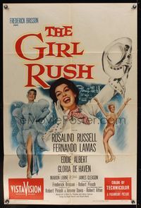 6k324 GIRL RUSH 1sh '55 artwork of sexy showgirl Rosalind Russell in Las Vegas!