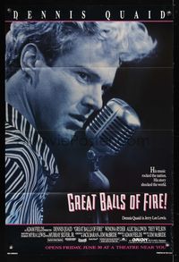 6k335 GREAT BALLS OF FIRE advance 1sh '89 Dennis Quaid as rock 'n' roll star Jerry Lee Lewis!