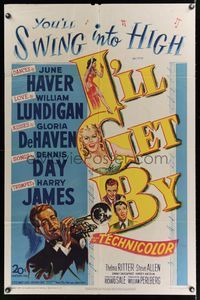6k416 I'LL GET BY 1sh '50 sexy June Haver, Gloria DeHaven & Harry James playing his trumpet!