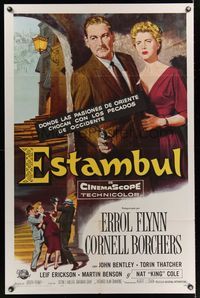 6k449 ISTANBUL Spanish/U.S. 1sh '57 Errol Flynn & Cornell Borchers in Turkey's city of a thousand secrets!